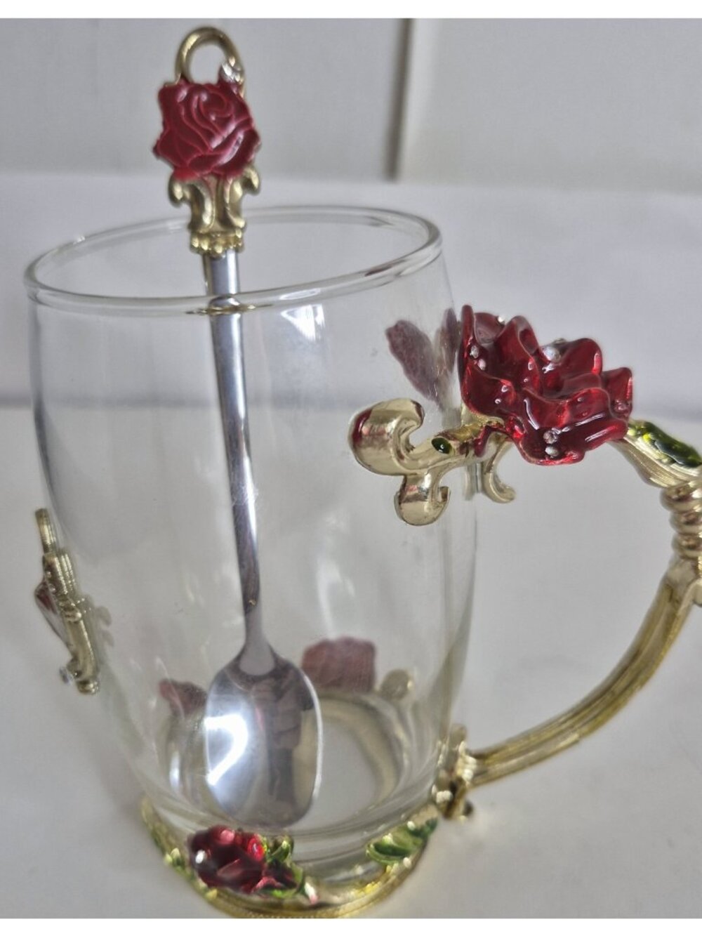 Wind Life Handmade Enamel Crystal Floral Butterfly Glass Mug Teacup & Spoon Set